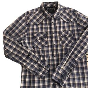 VTG Guess 1981 Los Angeles Western Plaid Shirt L Pearl Snap Blue Chest Pockets